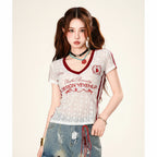 Short Sleeve Tee Summer Clothes Slim Top Coquette Lace See - Vusy Kawaii Shop