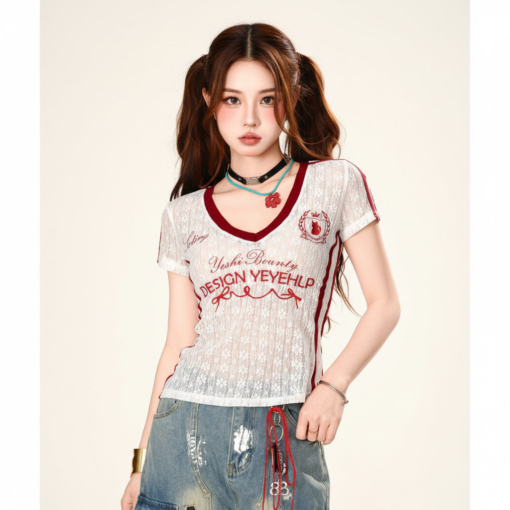 Short Sleeve Tee Summer Clothes Slim Top Coquette Lace See - Vusy Kawaii Shop