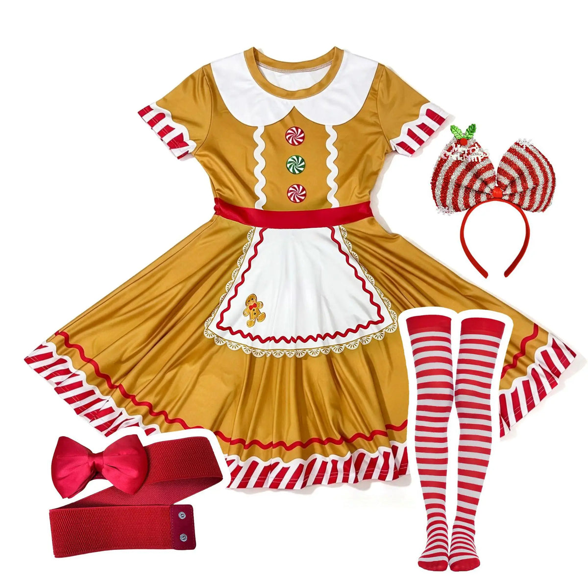 Gingerbread woman costume dress with candy cane trim, back view