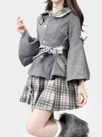 Gray plaid tweed jacket with pleated mini skirt, bell sleeves