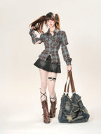 Retro Plaid Personalized Shirt Long Sleeved Shoulder Cinched - Vusy Kawaii Shop