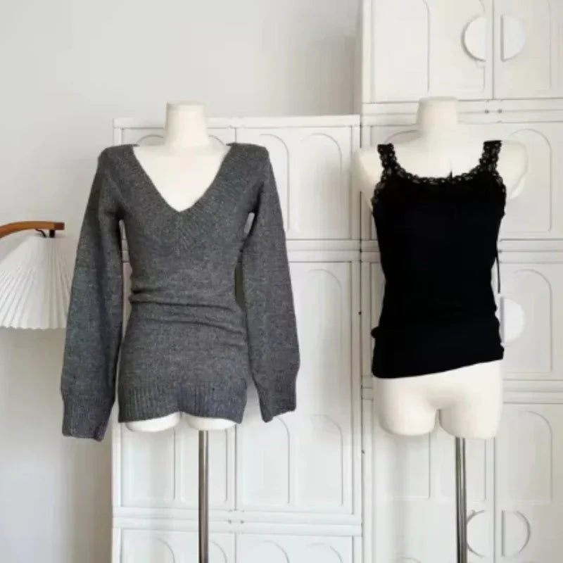 Knitted Suits Autumn Winter Woman V-Neck French Vintage Long - Vusy Kawaii Shop