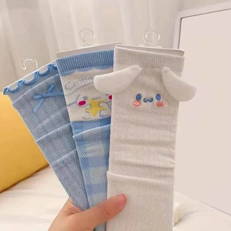 3Pcs Cinnamoroll mid-tube socks for girls light blue socks kawaii style pure cotton soft long socks warm thick cotton socks