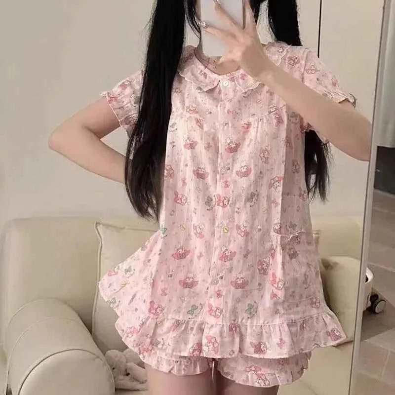 2Pcs Sanrioed My Melody Cute Sweet Pajamas Suit Kawaii Home Clothes Women Short Sleeve Tops Shirt Shorts Summer Girl Sleepwear