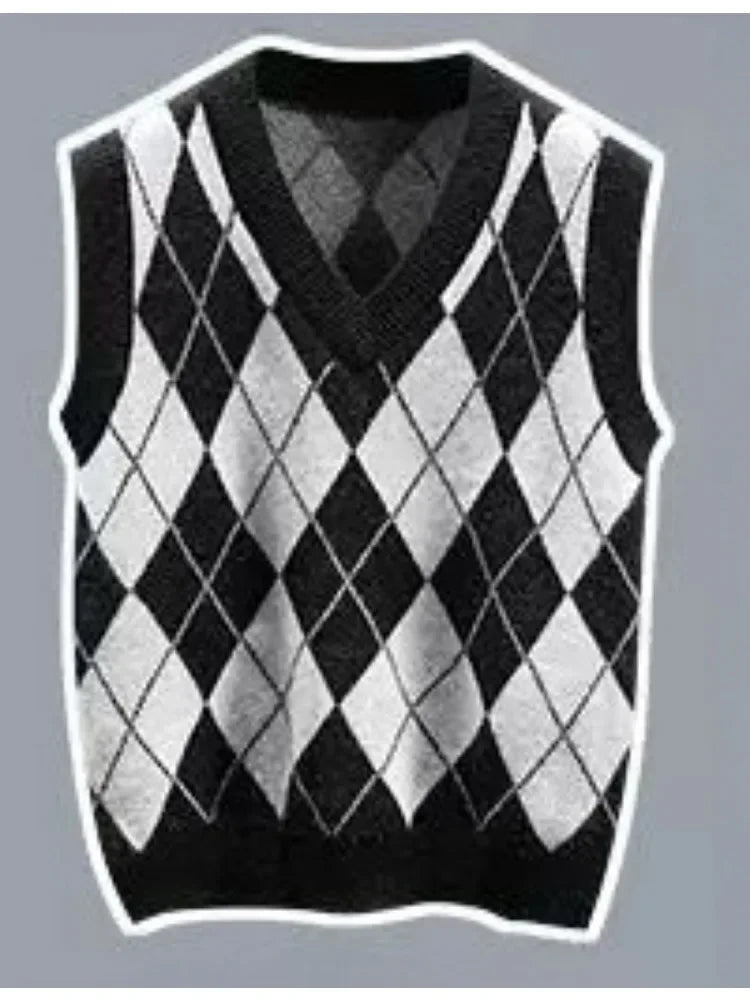 Pants Sets Contrast Plaid V Neck Knitted Vest White Shirt - Vusy Kawaii Shop