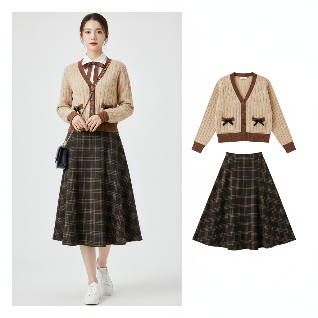 Autumn-Winter College Outfit Bow Cardigan, Shirt Plaid Set - Vusy Kawaii Shop