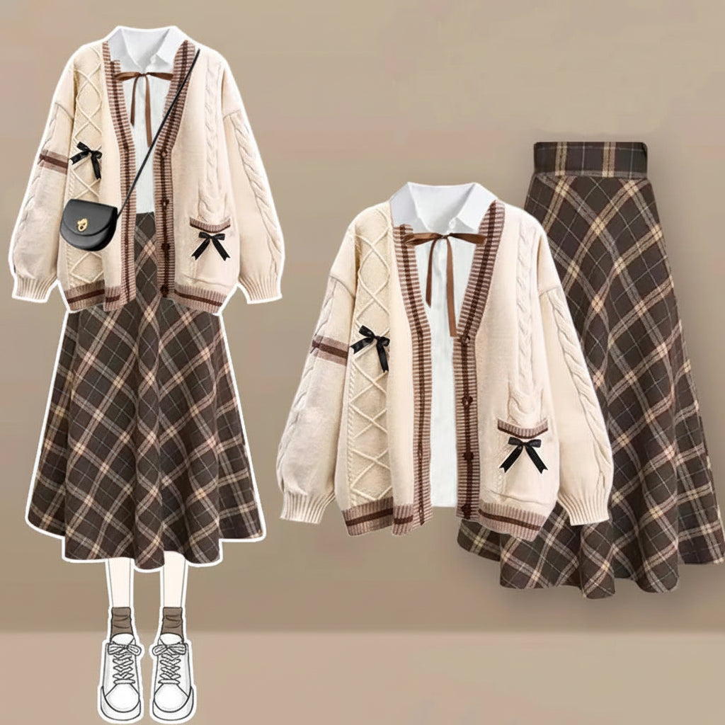 Autumn-Winter College Outfit Bow Cardigan, Shirt Plaid Set - Vusy Kawaii Shop