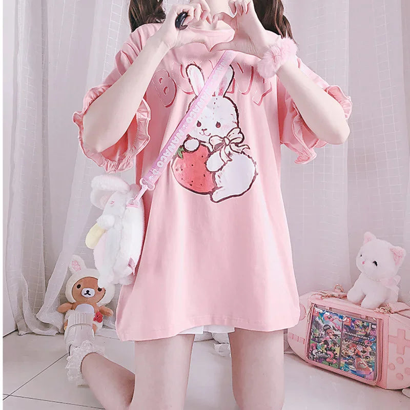 Summer Women Cute Lolita Pink T-Shirts Cartoon Strawberry - Vusy Kawaii Shop