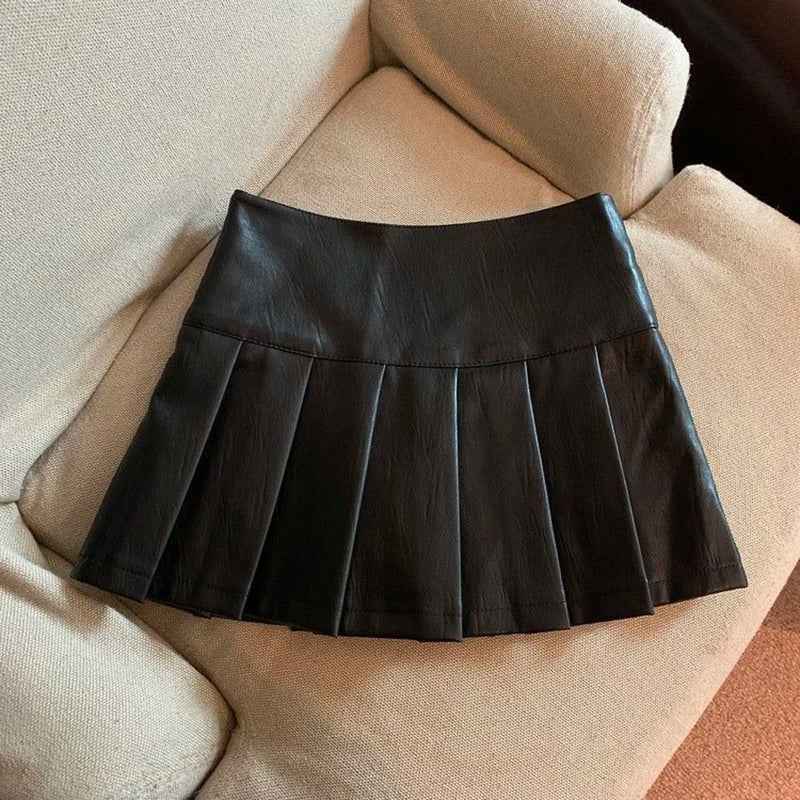 PU Leather Mini Skirts Women Streetwear High Waist Pleated