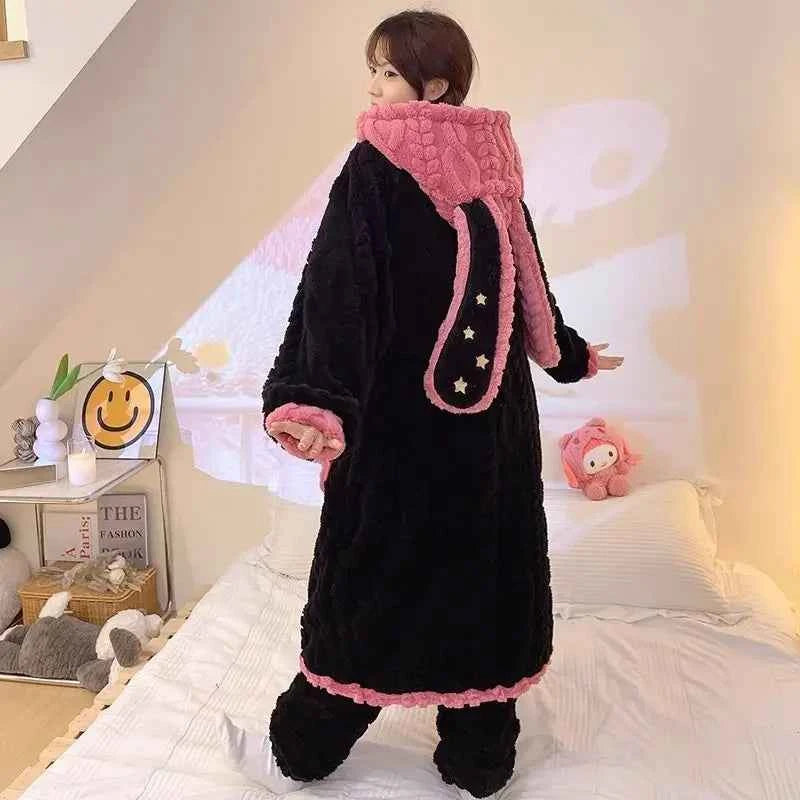 2Pcs Anime Sanrioed Pajamas Pants Women Kawaii My Melody Coral Fleece Pajamas Robe Winter Warm Female Flannel Cute Home Clothes
