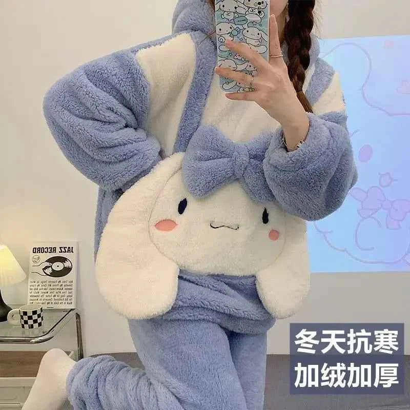 Sanrios Cinnamoroll Pajamas Women's Winter Kuromi Coral Velvet Thicken New Loose Large Size Trendy Outerwear Home Clothes Warmth