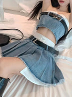 Denim Suit Skirt Fried High Street Fashion Trapless Tube Top - Vusy Kawaii Shop