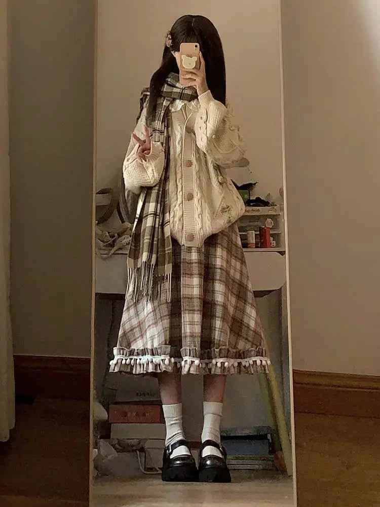 Japanese Sweet Woolen Plaid Skirt Autumn and Winter Grid