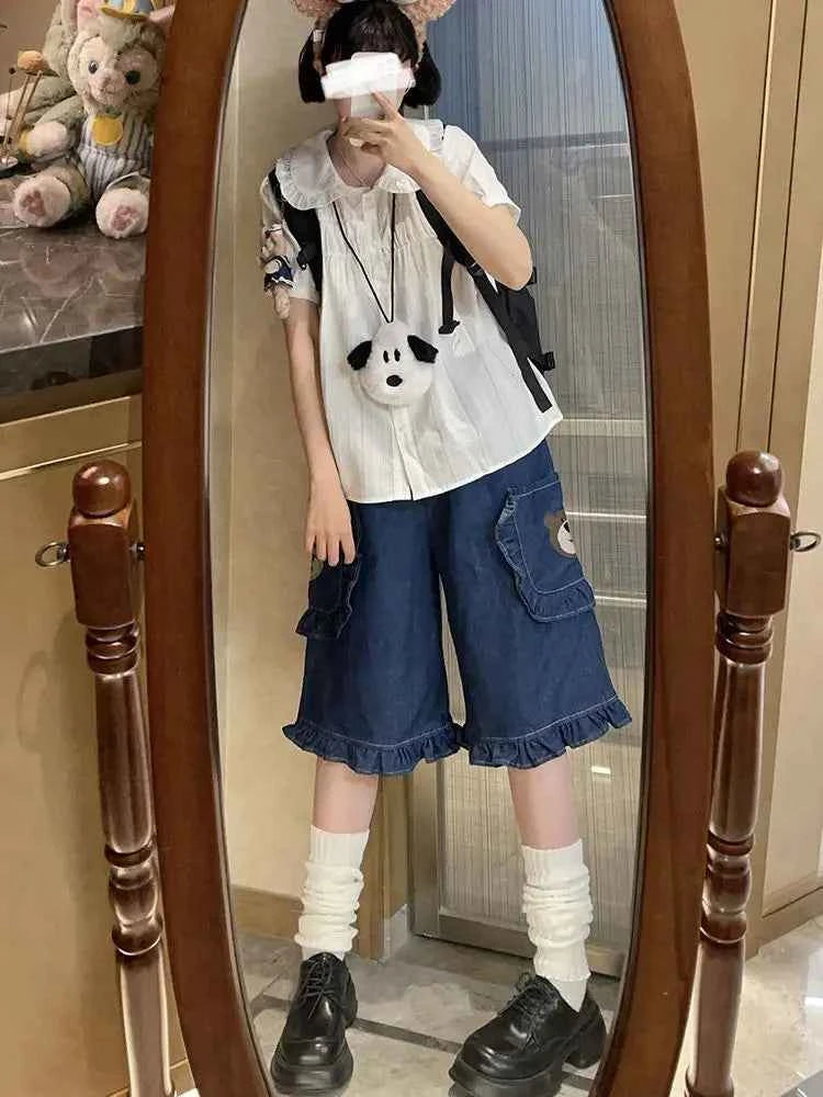 Xgoth Denim Shorts Women Cropped Jeans for Women Summer New Fashion Japanese Spicy Girl Loose Casual High Waist Wide Leg Pants