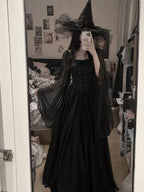 Customer photo of dark witch Halloween dress with pointed hat worn indoors
