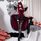 Burgundy gothic vampire dress with lace stockings and spread cape, front view