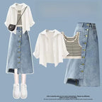 Summer Suit Inner Striped Vest Denim Skirt Three-Piece Set - Vusy Kawaii Shop