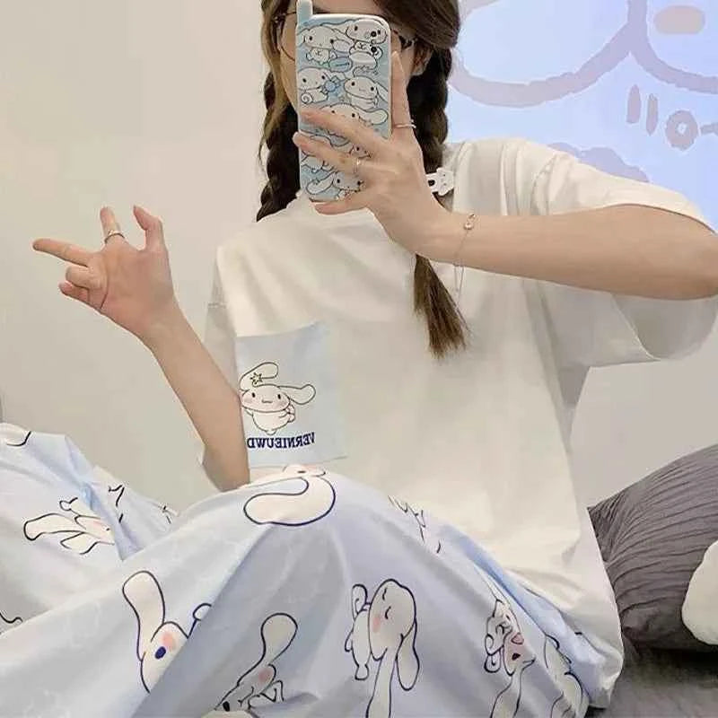 Sanrios Pochacco Pajamas for Women Pure Cotton Summer Short-Sleeved Trousers Kawaii Cinnamoroll Home Clothes Suit Girl Sleepwear