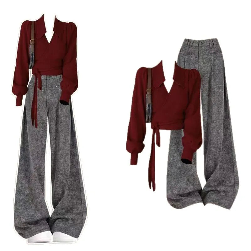 Burgundy Wrap Top and Gray Wide Leg Pants Set, burgundy wrap top with gray wide leg pants outfit layout on white background