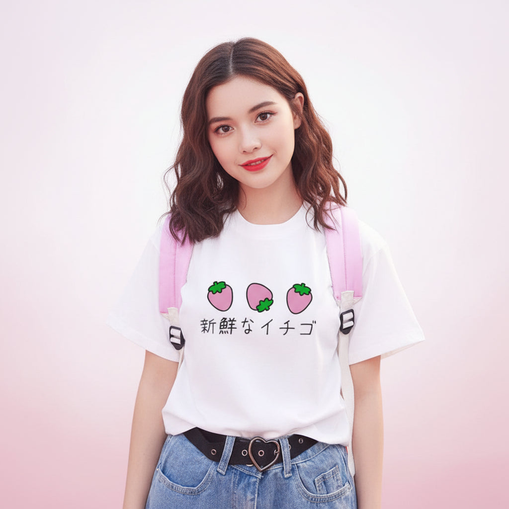 Fresh Strawberries Japanese Aesthetic T-Shirt Harajuku - Vusy Kawaii Shop
