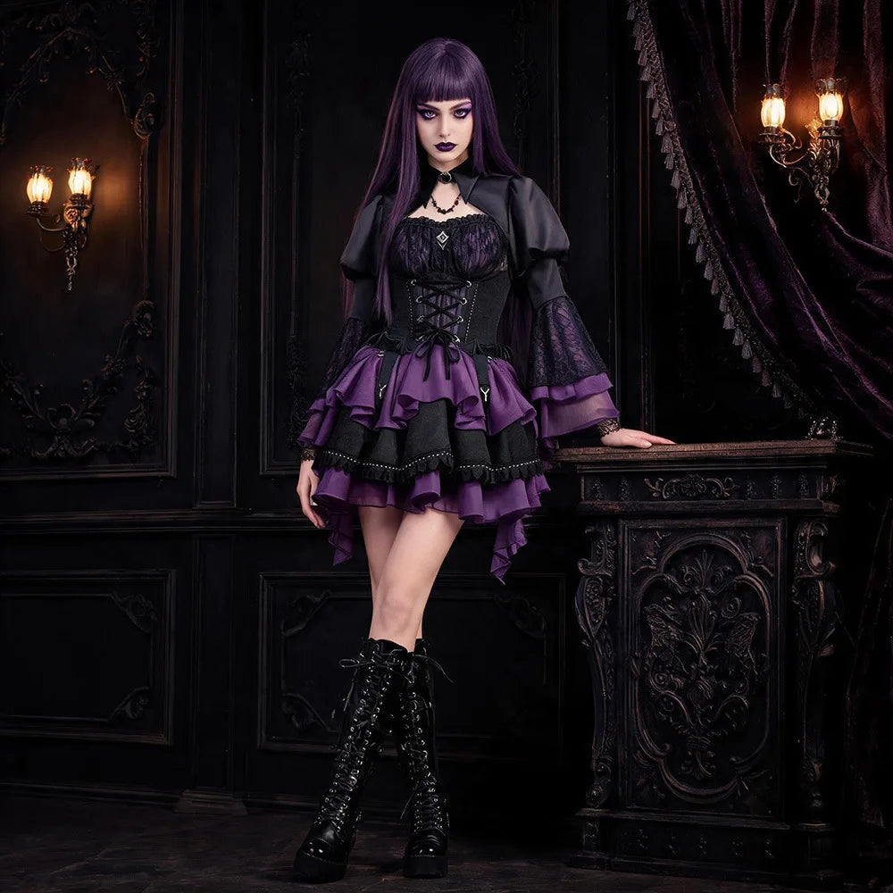 Purple gothic vampire lolita dress with puff sleeves and lace trim, model wearing