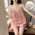 Women's New Cool Korean Version of the Japanese Summer Pajamas Female Summer Suspenders Shorts with Cushion Homewear Suit