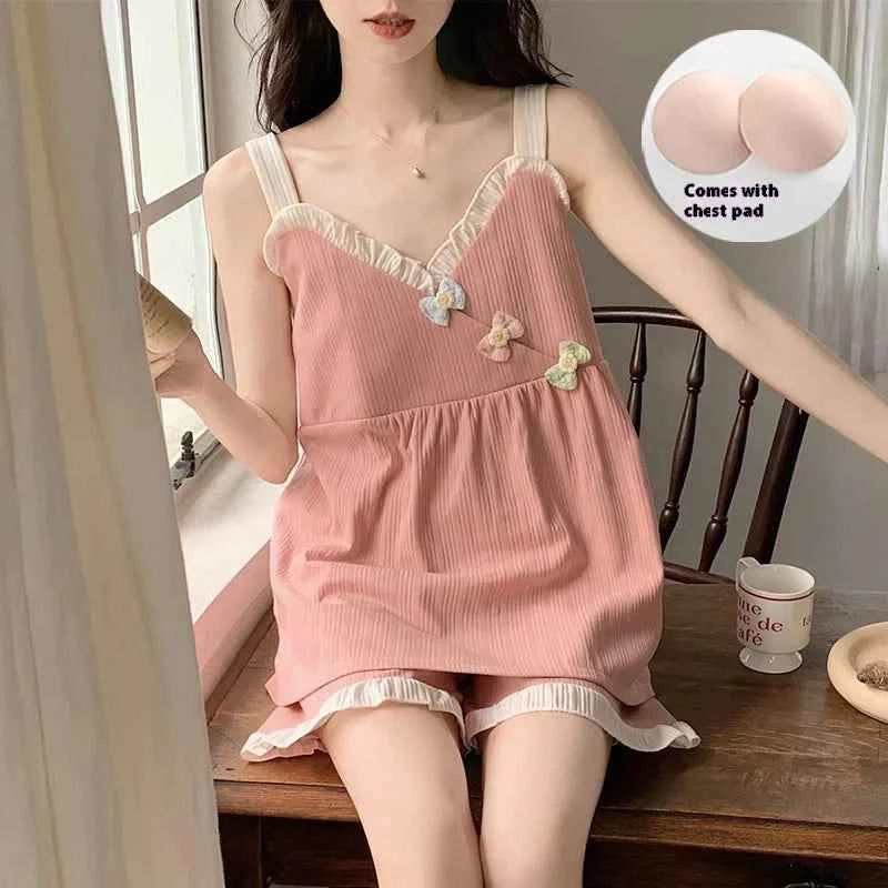 Women's New Cool Korean Version of the Japanese Summer Pajamas Female Summer Suspenders Shorts with Cushion Homewear Suit