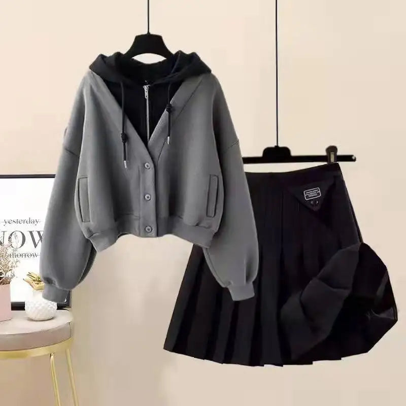 Plush Thickened Long Sleeved Hooded Mini Pleated Skirt - Vusy Kawaii Shop