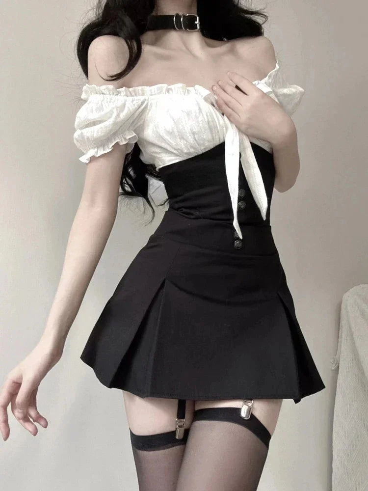 Chic Two Piece Dress Sets Summer Black Bodycon Dress Crop - Vusy Kawaii Shop