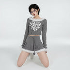 Girl Short Hairy Spliced Round Neck T-Shirt Spring Korean - Vusy Kawaii Shop