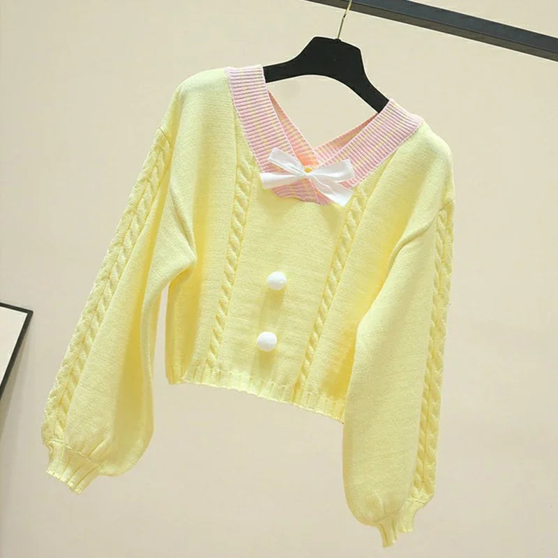 Sweet Autumn Lantern Sleeve V Neck Pullovers Wild Knitted - Vusy Kawaii Shop