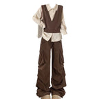 Brown Knit Vest Striped Shirt and Cargo Pants Set, full outfit with brown vest, striped shirt and cargo pants