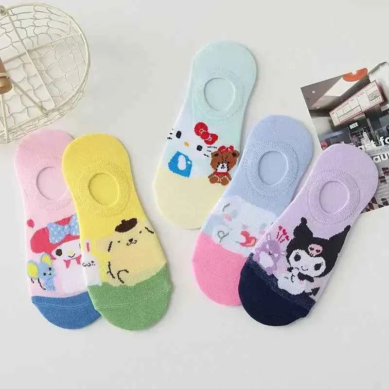 5Pcs Kawaii Sanrio socks Hellokitty Kuromi cartoon anime socks pure cotton soft breathable spring and summer girls boat socks