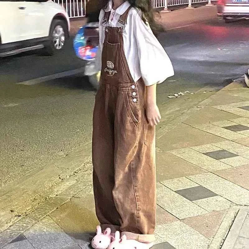 Loose Denim Pant Women Preppy Style Y2k Wide Leg Jeans Straight Japanese Kawaii Summer Vintage Overalls Ankle-Length Pants