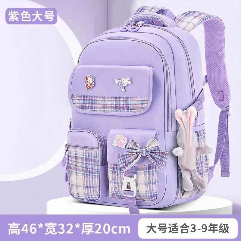 New Spine Protection Primary School Students Girls Checkered Backpack with Large Capacity Lightweight Waterproof Children's Bag