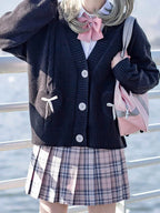 Japanese Kawaii Knitted Cardigan Women Heart Bow Pockets - Vusy Kawaii Shop