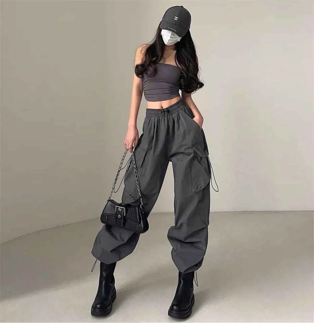 Women Wide Leg Baggy Pants Solid Drawstring Y2K Oversized Pockets Cargo Trousers Female Hip Hop Streetwear Lady 2025 Sweatpants