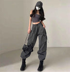 Women Wide Leg Baggy Pants Solid Drawstring Y2K Oversized Pockets Cargo Trousers Female Hip Hop Streetwear Lady 2025 Sweatpants
