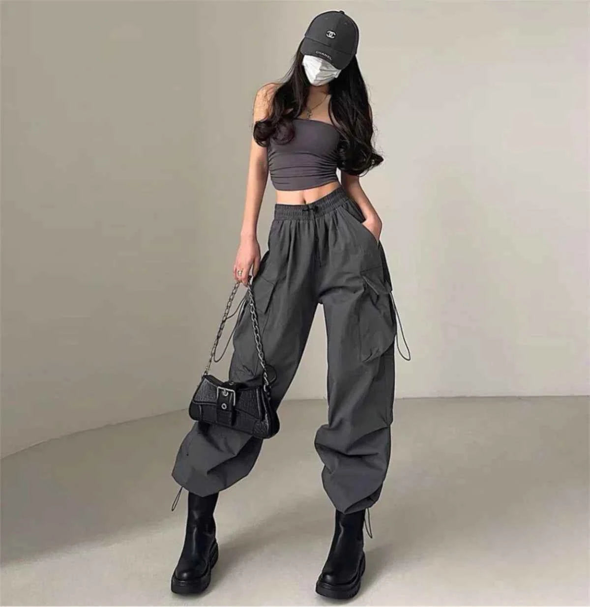 Women Wide Leg Baggy Pants Solid Drawstring Y2K Oversized Pockets Cargo Trousers Female Hip Hop Streetwear Lady 2025 Sweatpants
