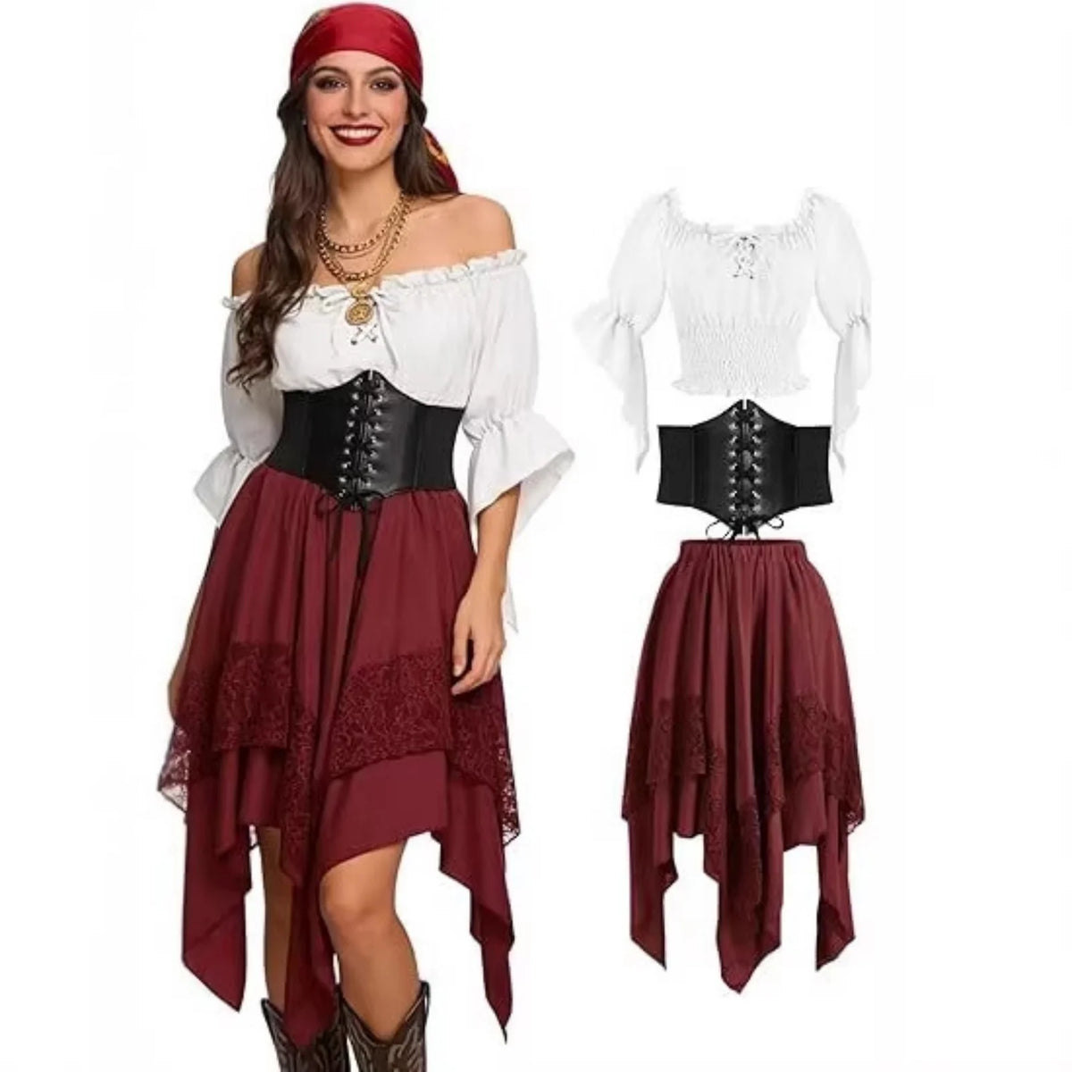 Pirate wench costume in wine red close-up on model: black lace-up corset, lace skirt