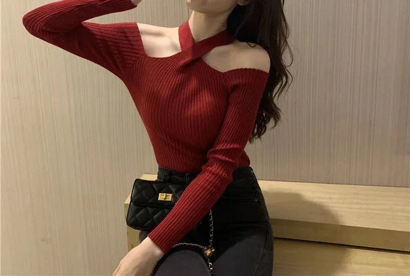 Cross Neck Halter Knit Pullover Warm Off-Shoulder Sweater - Vusy Kawaii Shop