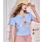 Women Summer Fashion Star Print Chain Slim Short T-Shirts - Vusy Kawaii Shop