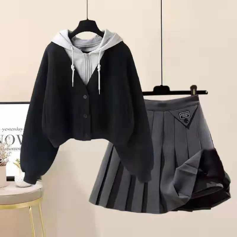 Plush Thickened Long Sleeved Hooded Mini Pleated Skirt - Vusy Kawaii Shop
