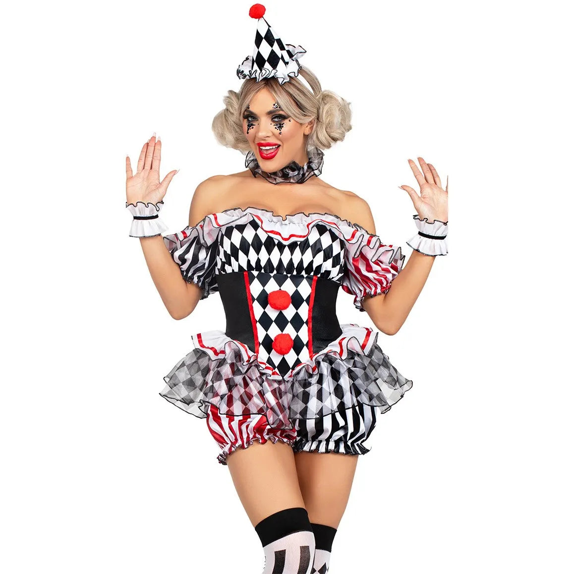 Harlequin clown costume with red pom-poms and checkered socks, full length
