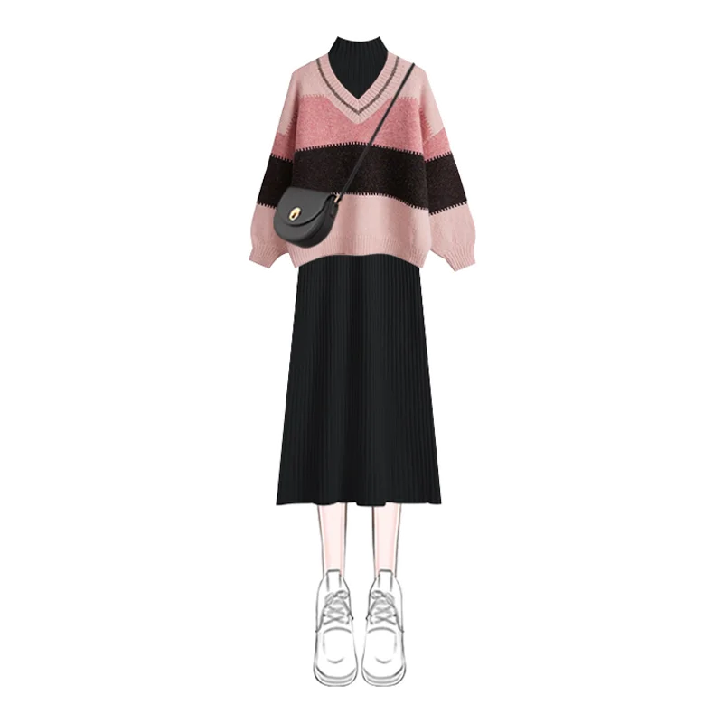 Women Winter Patchwork Sweater Korean V-Neck Pink Loose Knit - Vusy Kawaii Shop