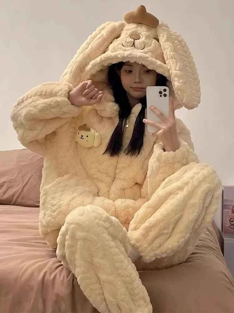 Sanrios My Melody Women's Pajamas Anime Kawaii Pompom Purins Coral Velvet Thickened Cute Hooded Zipper Home Wear Nightgown Suit