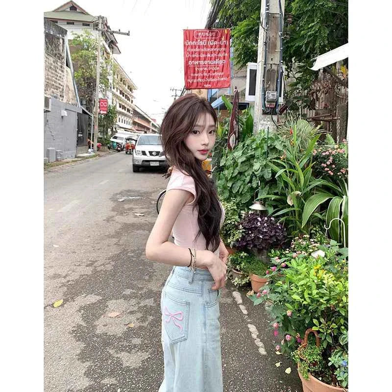 Blue Jeans for Women High Quality High Waist American Wide Leg Pants Bow Embroidery Y2K Vintage Straight Summer Trousers 2024