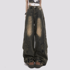 Brown Cropped Sweater Polo and Wide Leg Jeans Set, close-up of black gradient wide-leg jeans waist