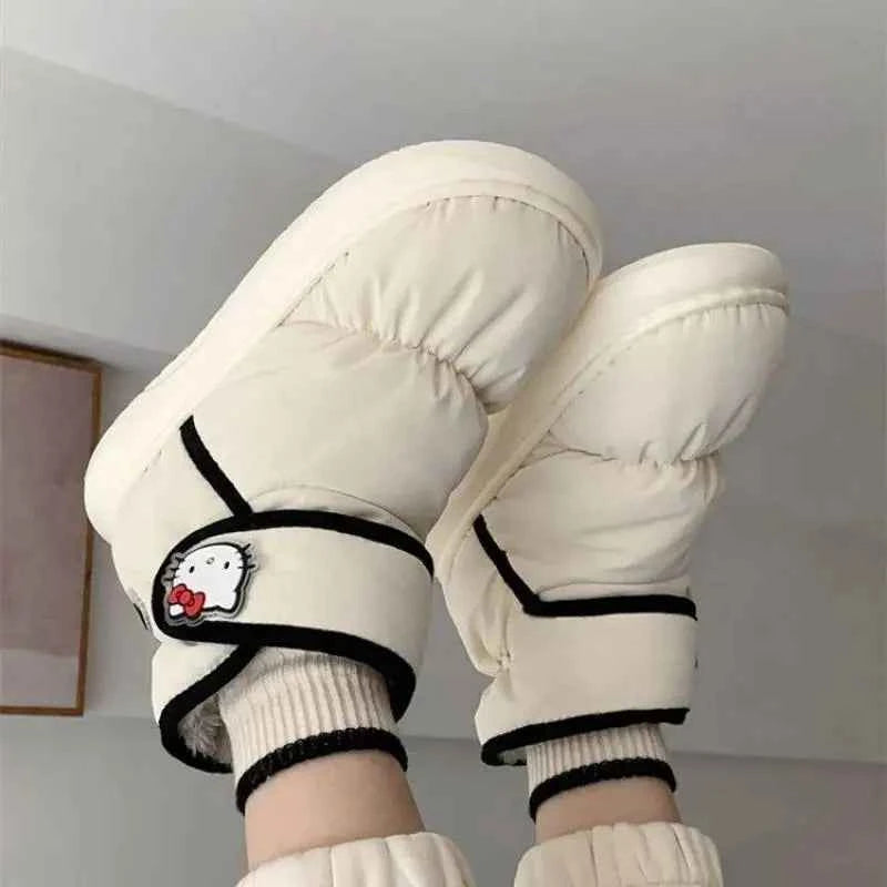 Sanrios Hello Kittys Plush Winter Fashion Outdoor Cotton Shoes Women Warm Waterproof Velcros Cute Shoes Soft Snows Boots Girls