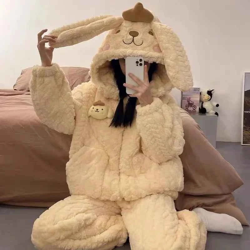 Sanrios My Melody Women's Pajamas Anime Kawaii Pompom Purins Coral Velvet Thickened Cute Hooded Zipper Home Wear Nightgown Suit